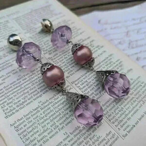 Vintage large statement earrings purple glass  beads